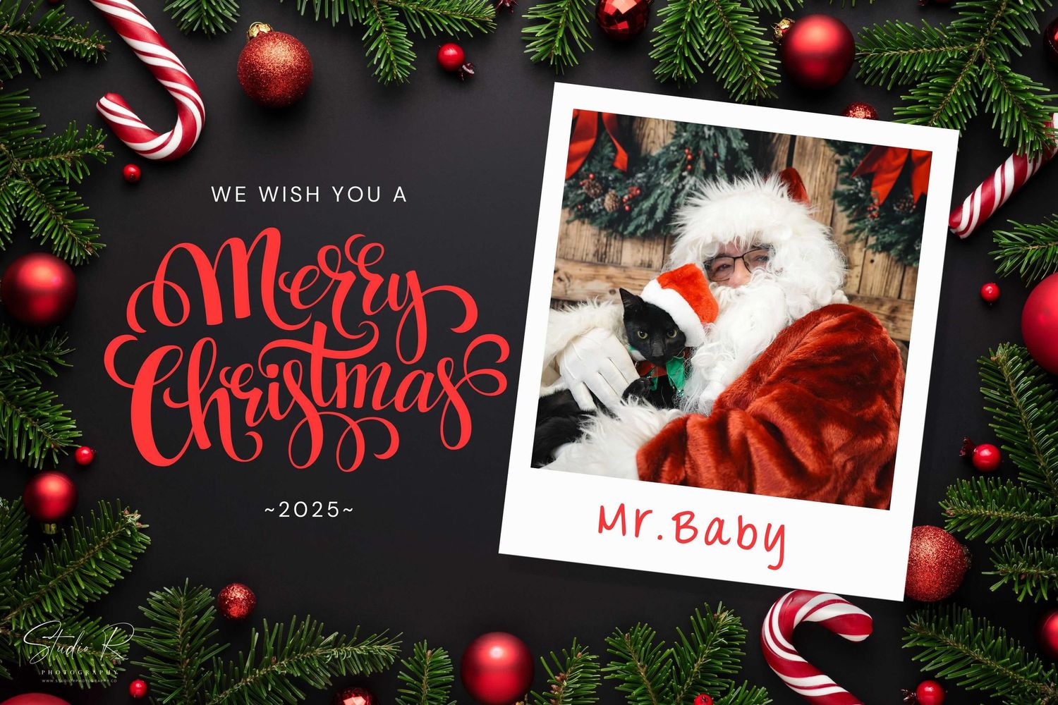 A Christmas greeting card with red text and a Polaroid photo surrounded by pine branches and candy canes.