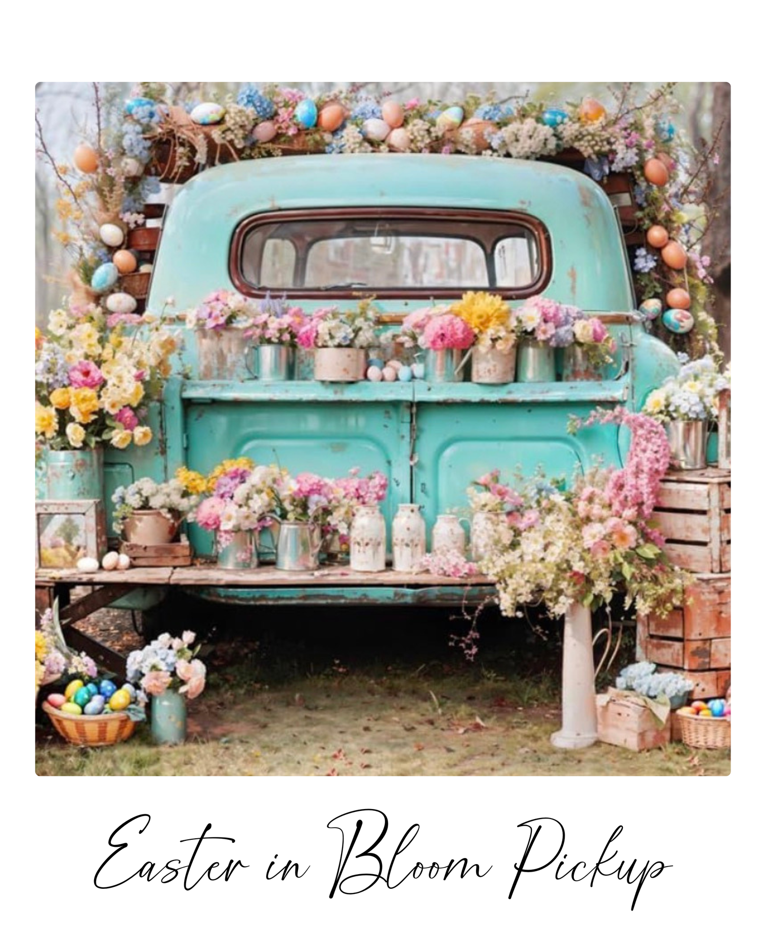 Vintage mint green pickup truck decorated with Easter flowers and pastel spring blooms in rustic outdoor setting.
