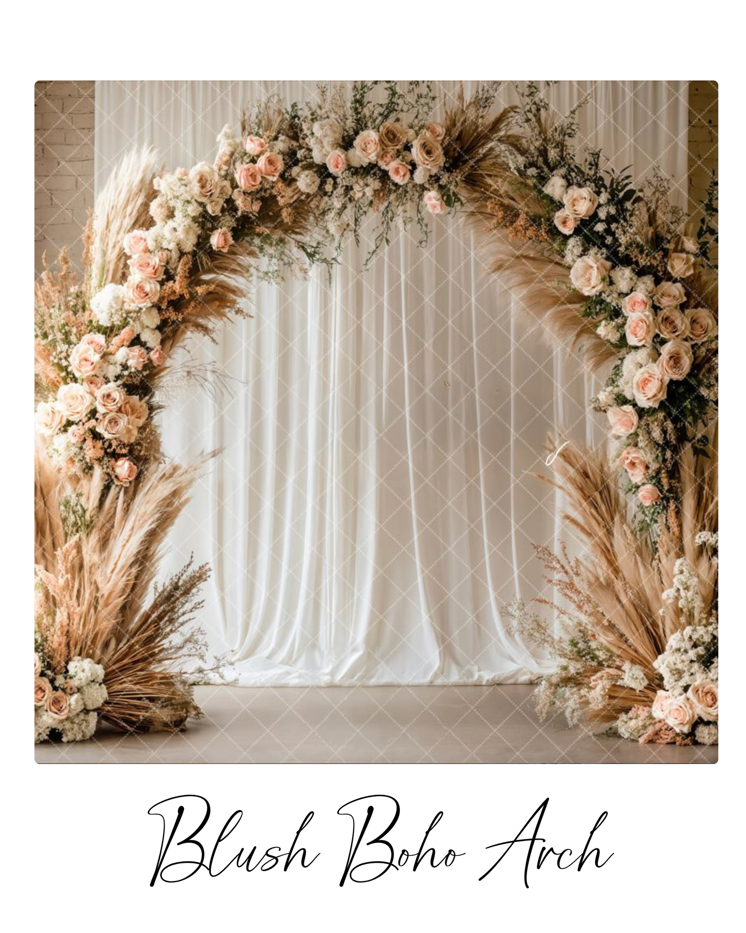 Elegant wedding arch decorated with blush pink roses, dried pampas grass, and white drapery against a light backdrop.
