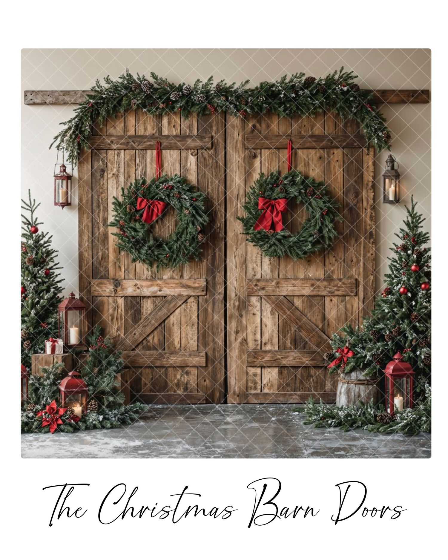 Rustic wooden barn doors decorated with evergreen wreaths and Christmas decor create a cozy holiday backdrop.