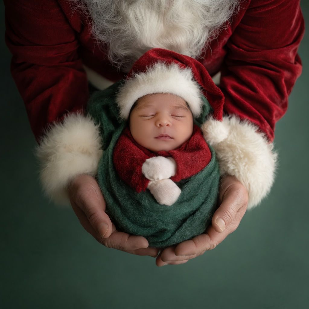 A series of photos showing a sleeping baby in a green outfit being gently cradled in hands against a dark background.