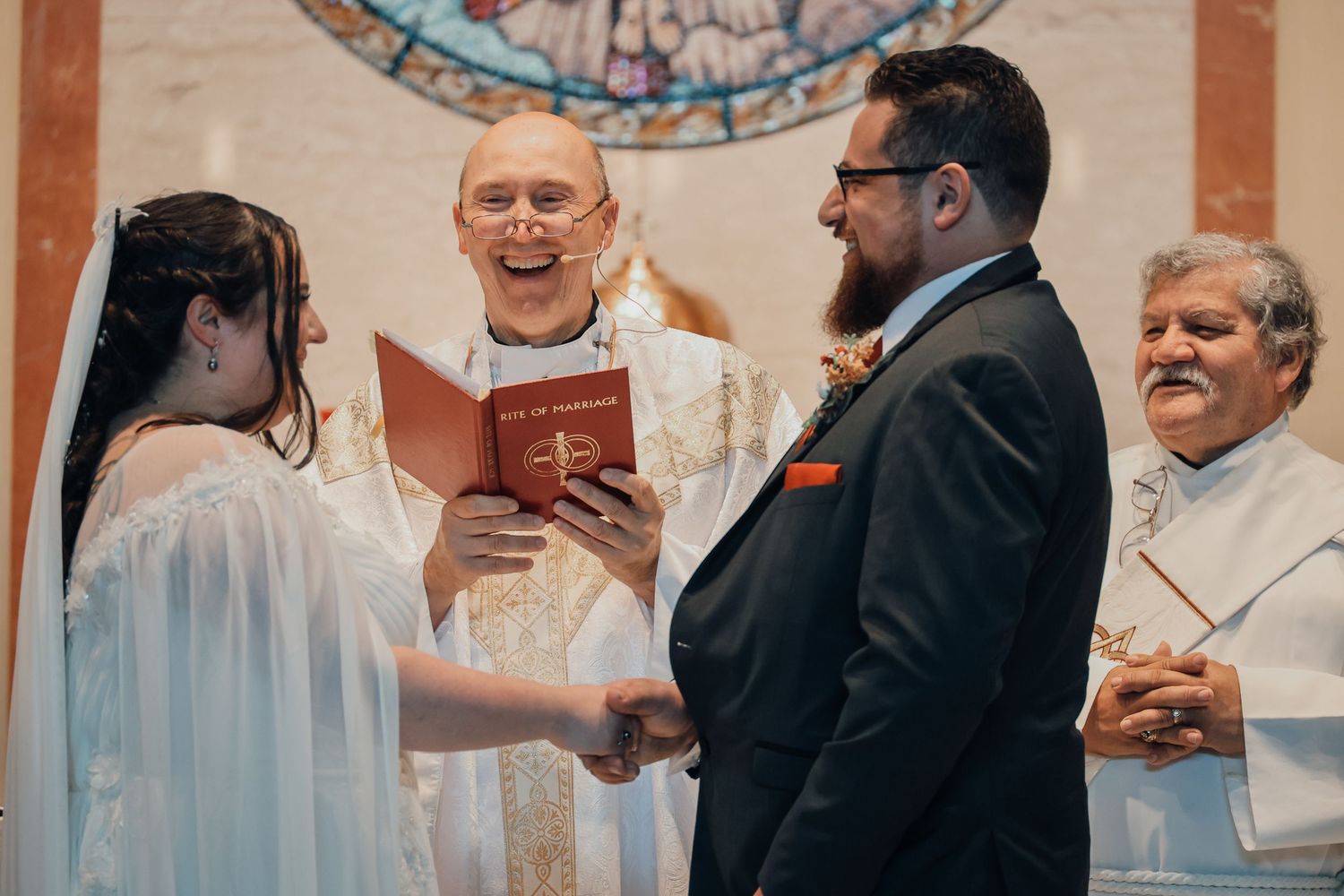 A series of candid wedding ceremony moments showing guests and participants interacting in a church setting.