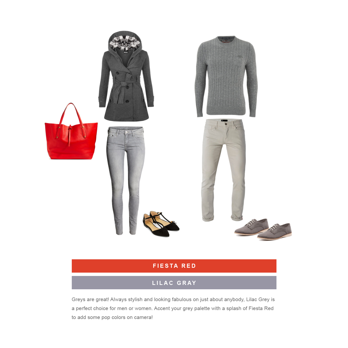 Winter outfit combination with gray coat, red tote, neutral pants and coordinating footwear.