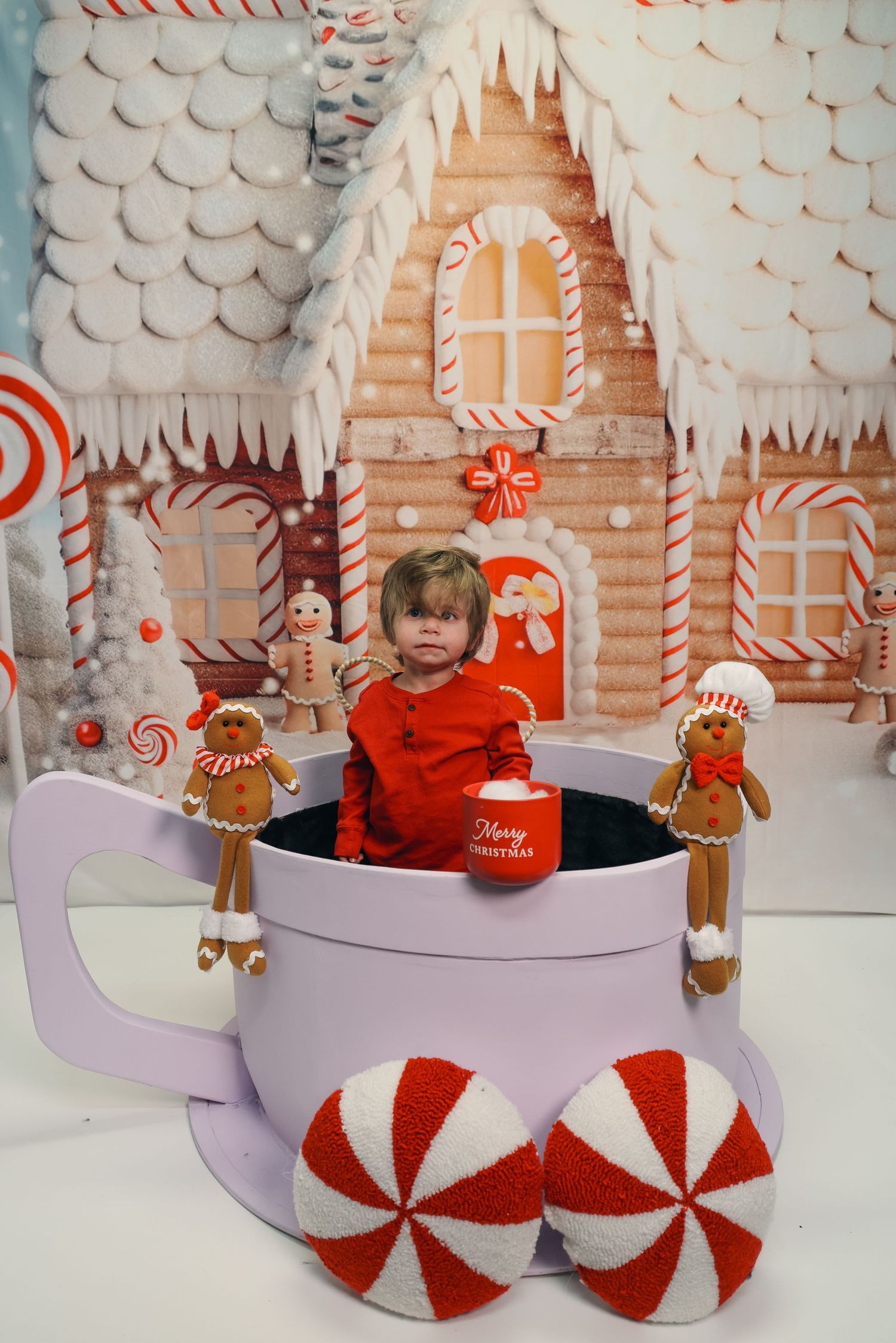 A festive winter scene with a lilac sleigh decorated with red and white peppermint wheels against a snowy backdrop.