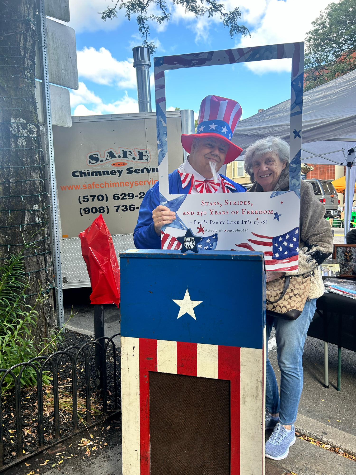 A series of six photos showing a red, white and blue patriotic mailbox being painted and decorated with stars and stripes.