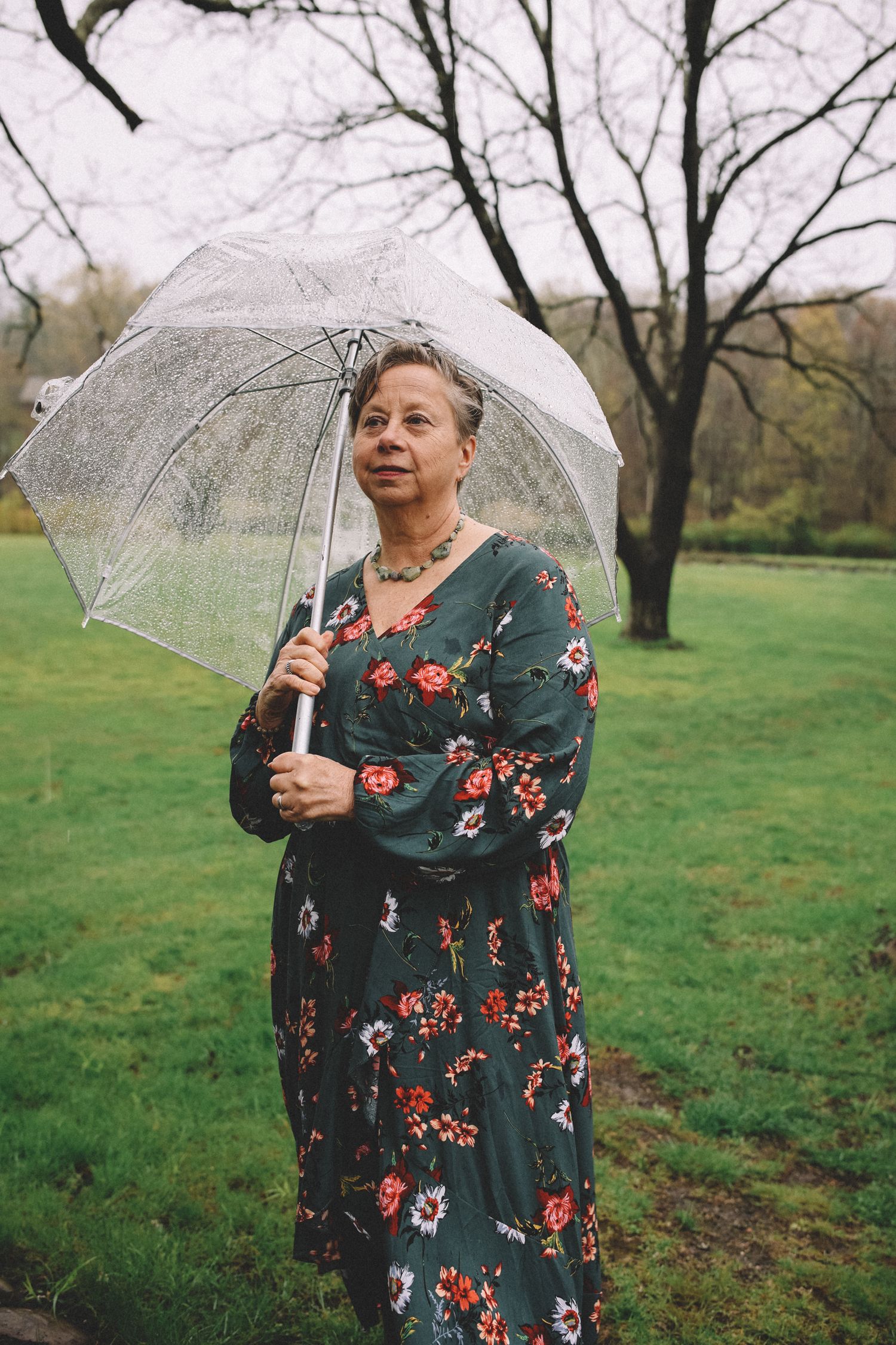 A person in a dark floral dress holds a clear umbrella while standing in a green spring field with bare trees.