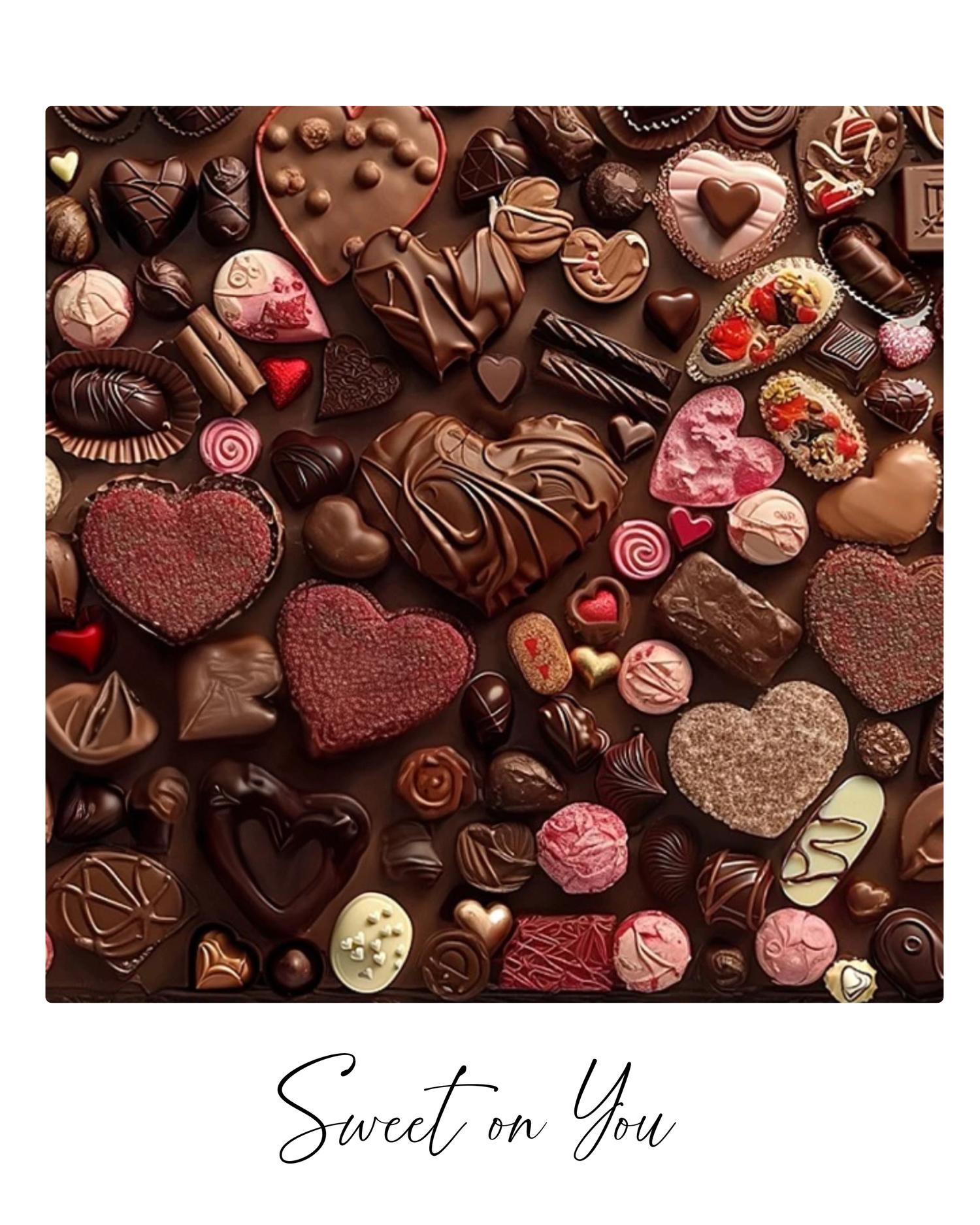 An assortment of heart-shaped chocolates, truffles and pink candies arranged on a dark background with text 'Sweet on You'.