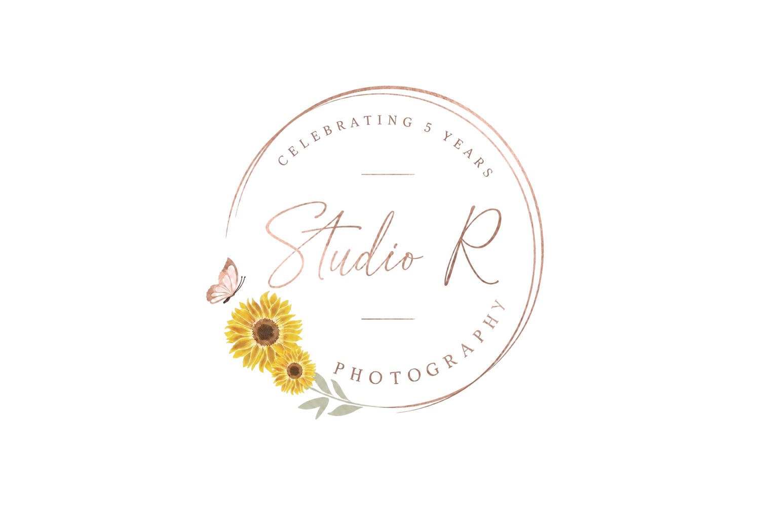 Studio R Photography logo with sunflowers, butterfly, and circular rose gold text celebrating 5 years.