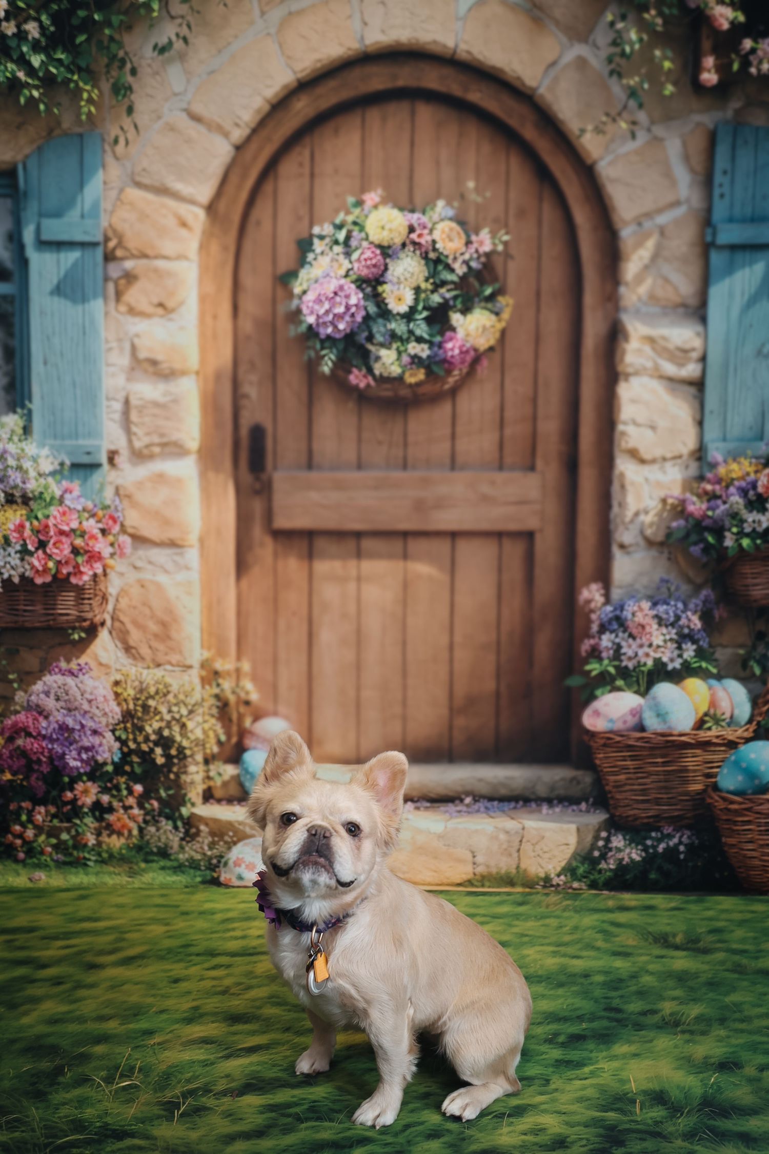 Cream French Bulldog sitting on green grass before a rustic arched wooden door adorned with a floral wreath and Easter eggs.