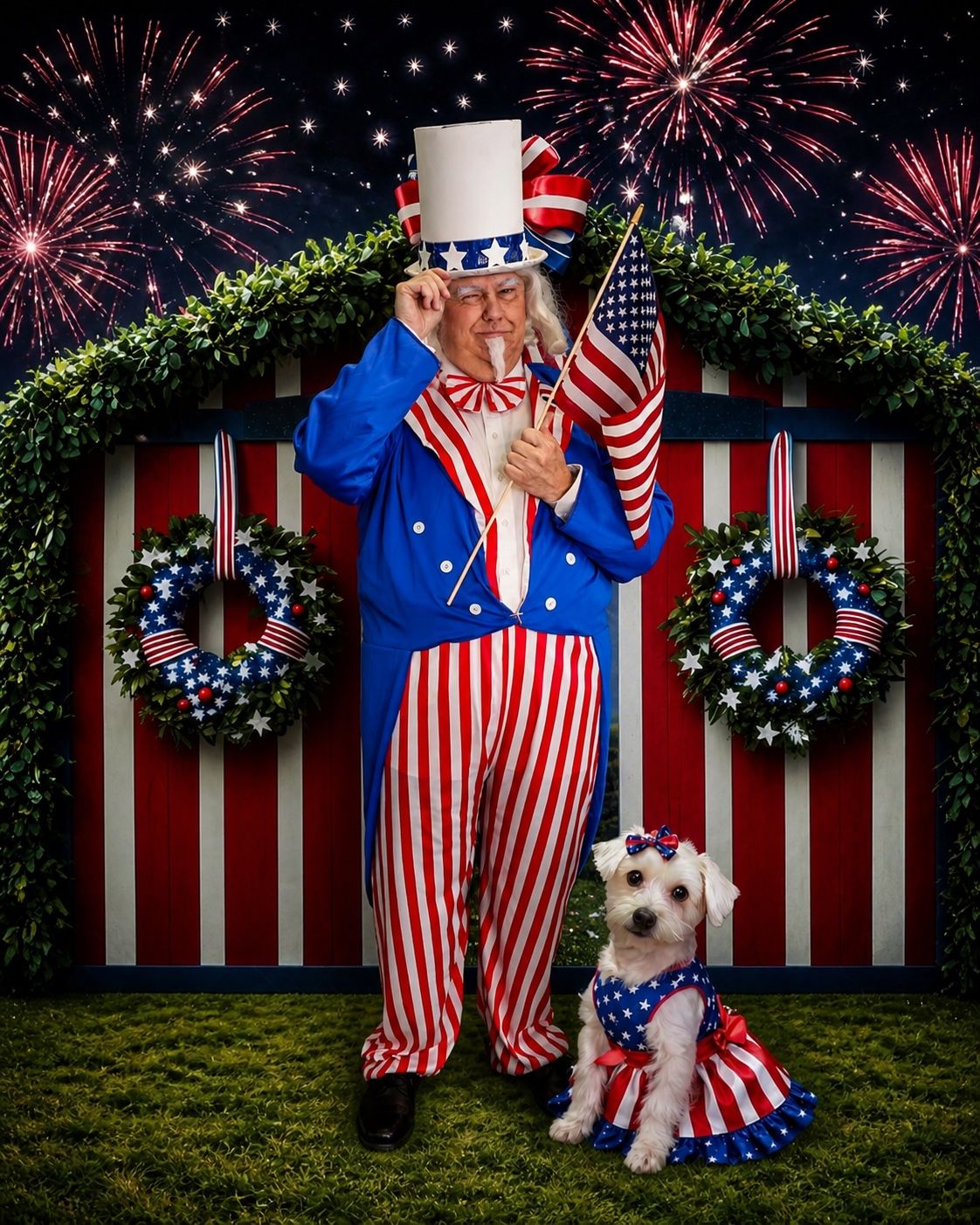 Uncle Sam costume man holds American flag beside patriotic dressed dog, with fireworks backdrop and festive wreaths.