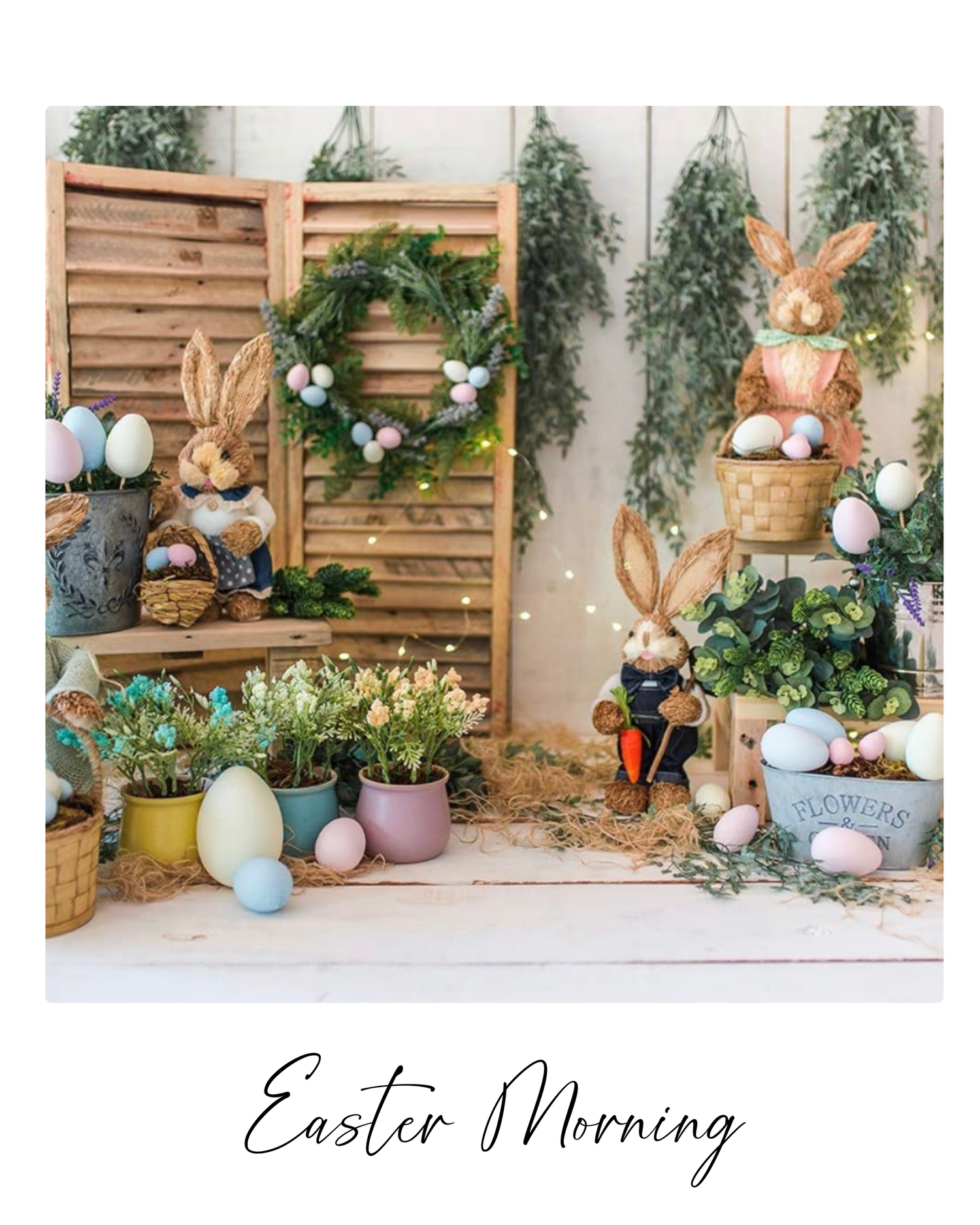 Easter morning scene with pastel eggs, wooden decor, greenery, and soft textured elements arranged in a cozy setting.