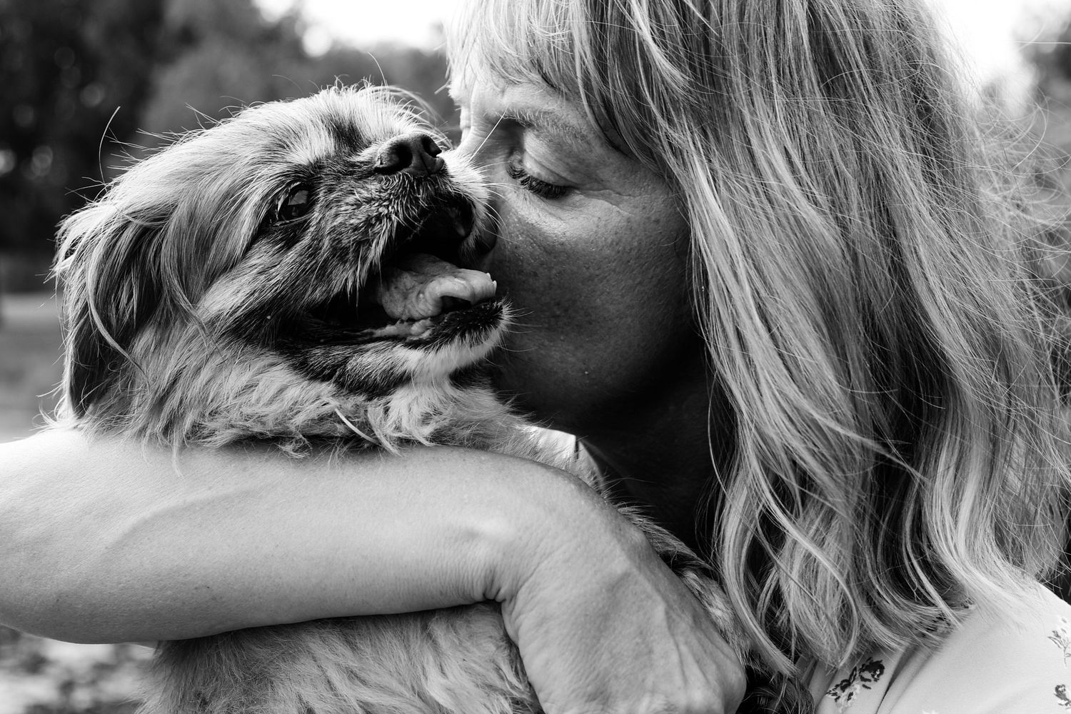 Black and white photo collage showing intimate moments between a couple and their dog in various poses and settings.