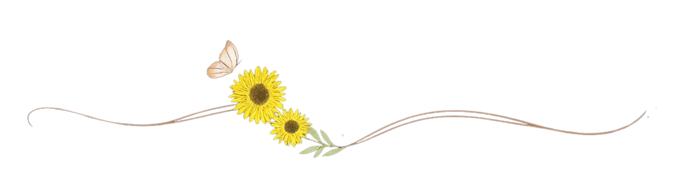 Decorative border design with two yellow sunflowers and a small butterfly connected by flowing curved lines.