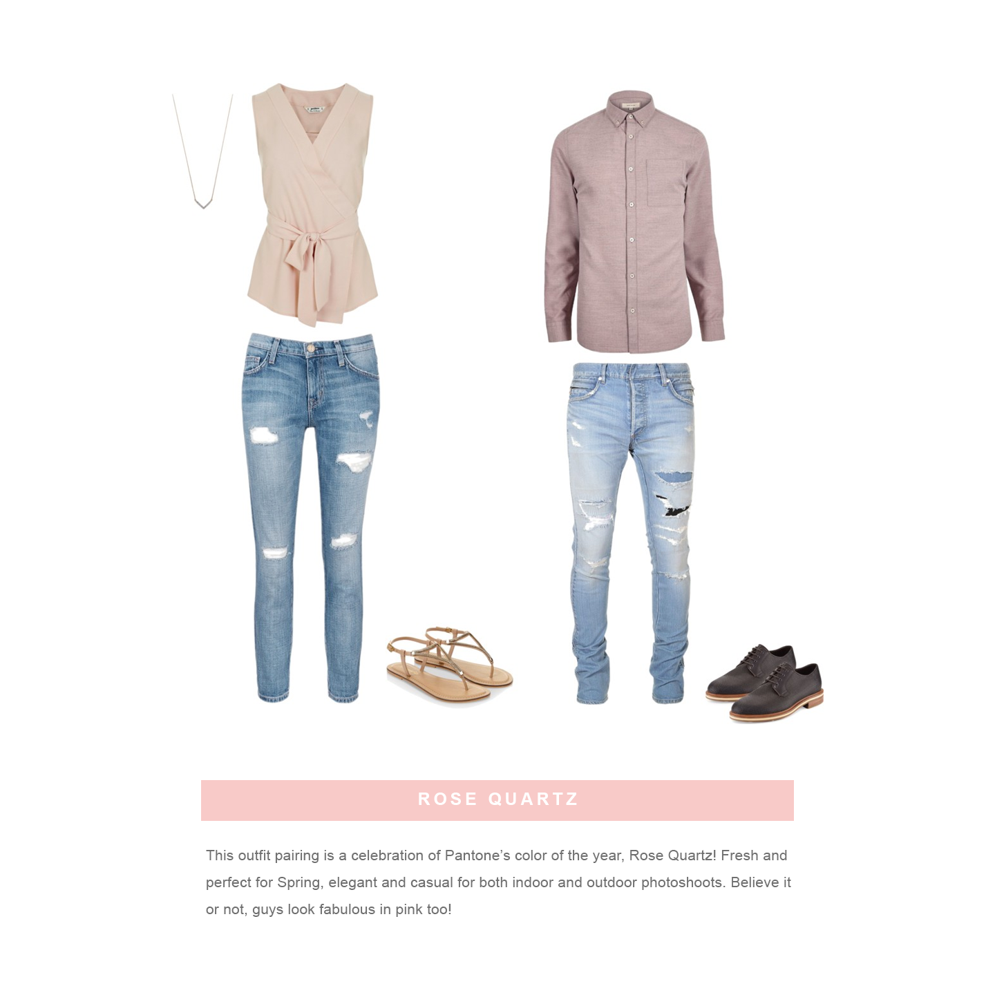 His and hers coordinated outfit set with distressed jeans, neutral tops, and casual footwear.