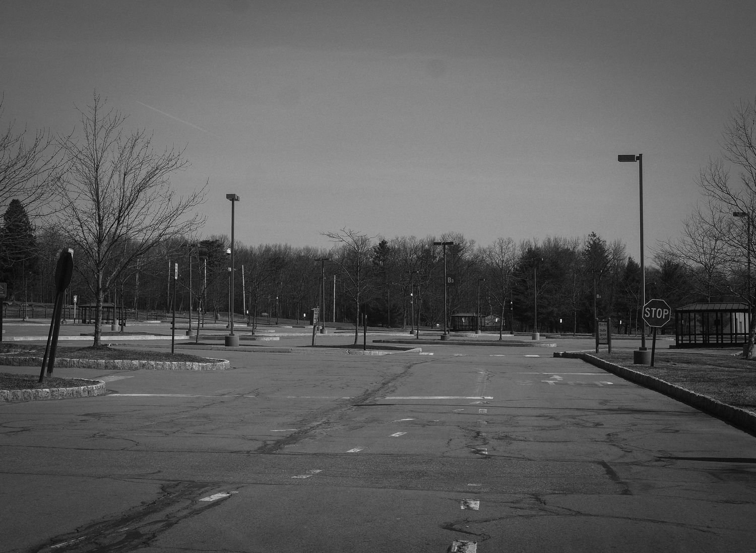An empty parking lot with lamp posts under an overcast sky captured in black and white photography.