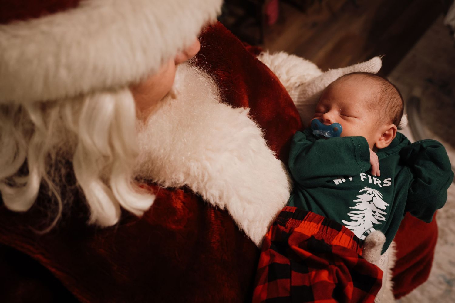 A series of festive holiday photos showing interactions with Santa Claus in various indoor settings.
