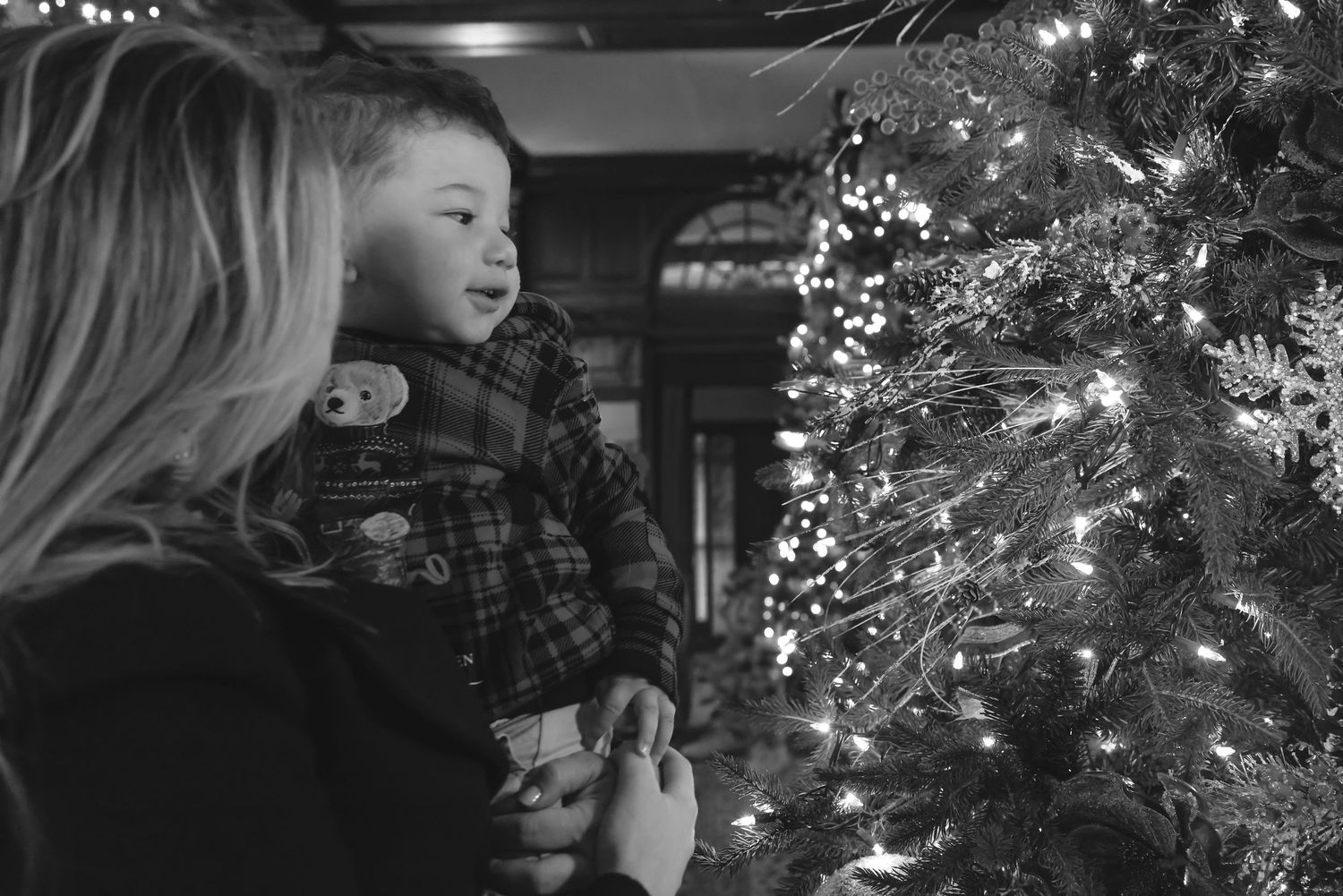 A decorated Christmas tree stands illuminated in a room with festive holiday decorations and ornaments.
