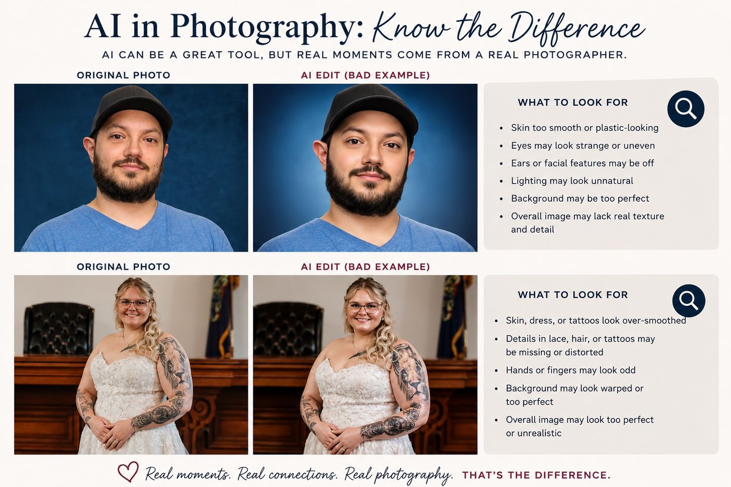 Infographic comparing original photos to AI-edited examples, highlighting differences in skin texture, background, and facial features.