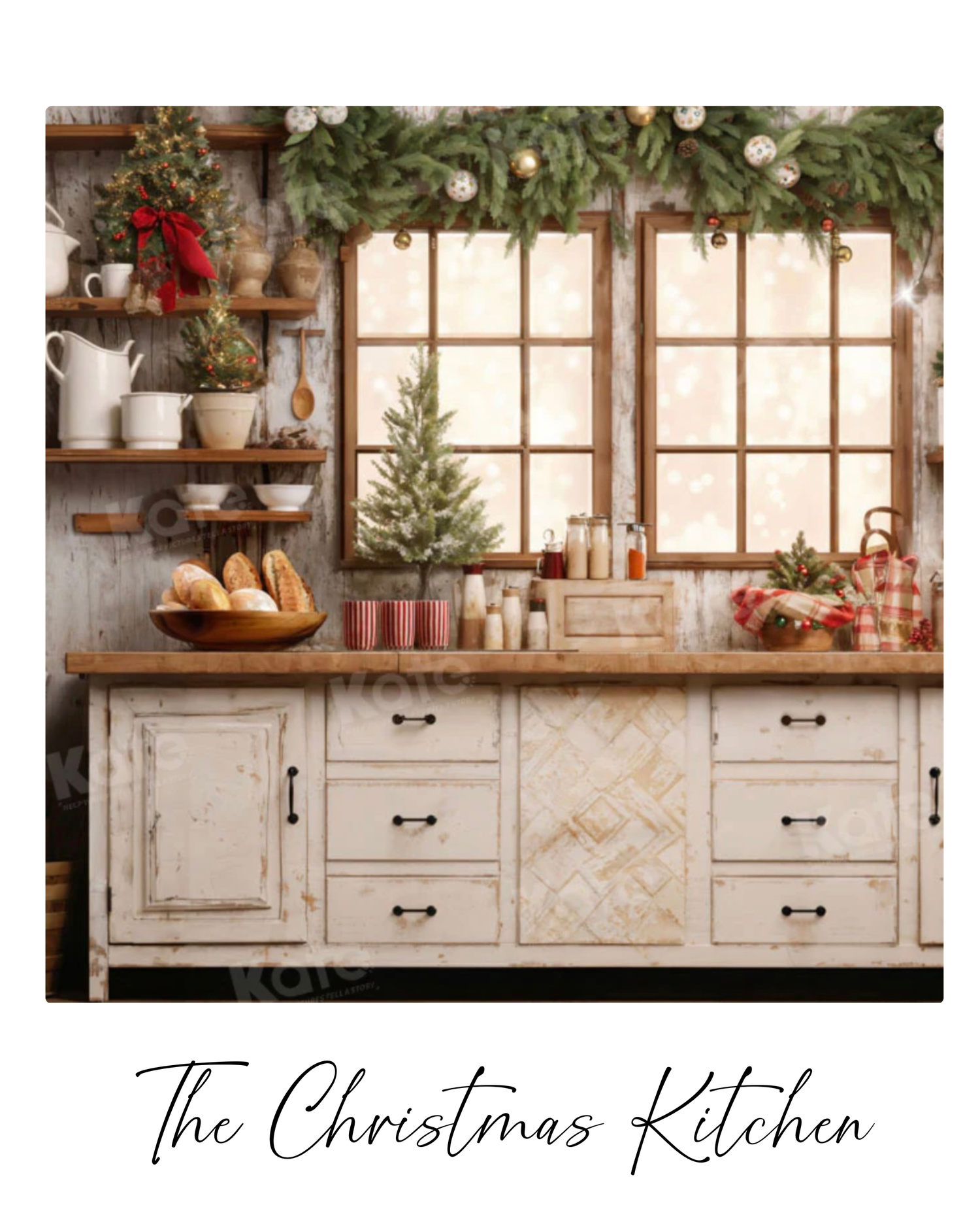 Rustic farmhouse kitchen with distressed white cabinets, wooden countertop, Christmas greenery and holiday decor by windows.