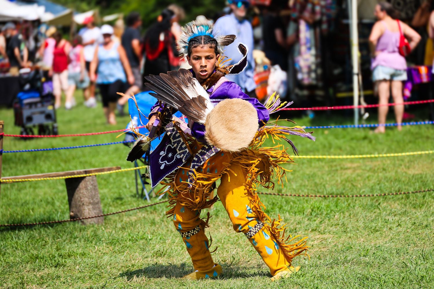Traditional Native American dancer performs with eagle feathers and drum at outdoor cultural festival on grass field.