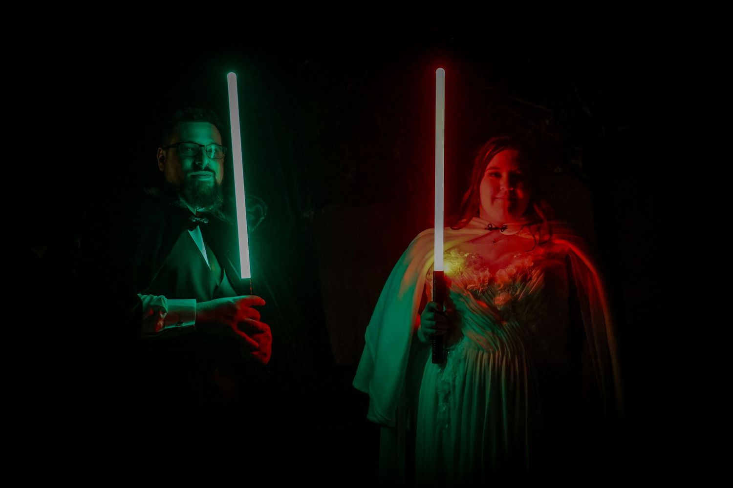 Dramatic sequence of silhouettes illuminated by red and green lighting effects against a dark background.