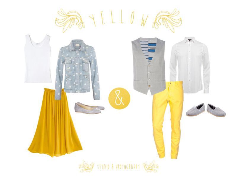 Fashion coordination guide featuring yellow and gray outfits with matching accessories.