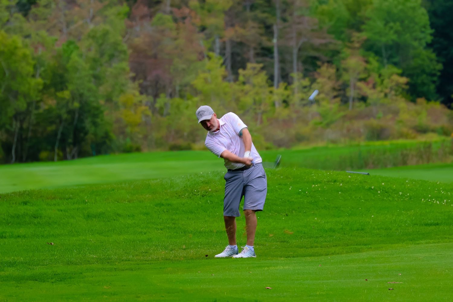 A golfer lines up a putt on a lush green golf course surrounded by autumn trees.