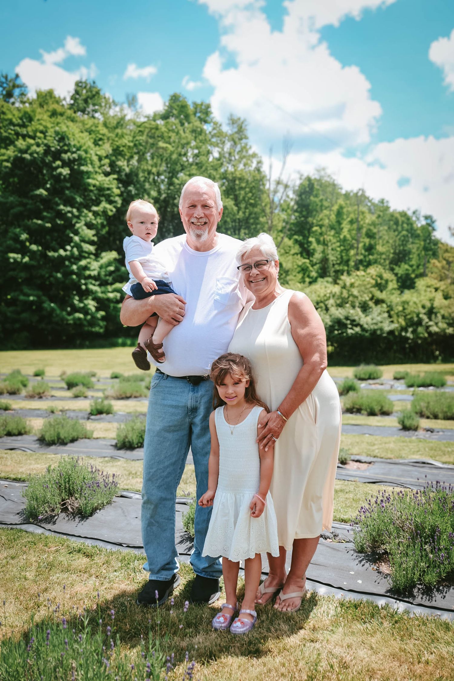 Grandparents smiling outdoors with two young grandchildren in a sunny lavender garden on a beautiful summer day.