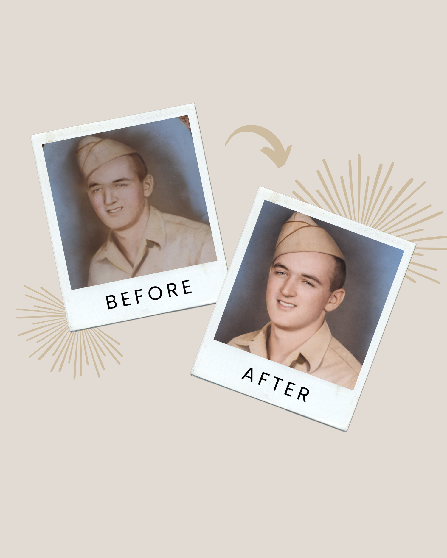 Minimalist polaroid photo collage with decorative sunburst elements on a light beige background.