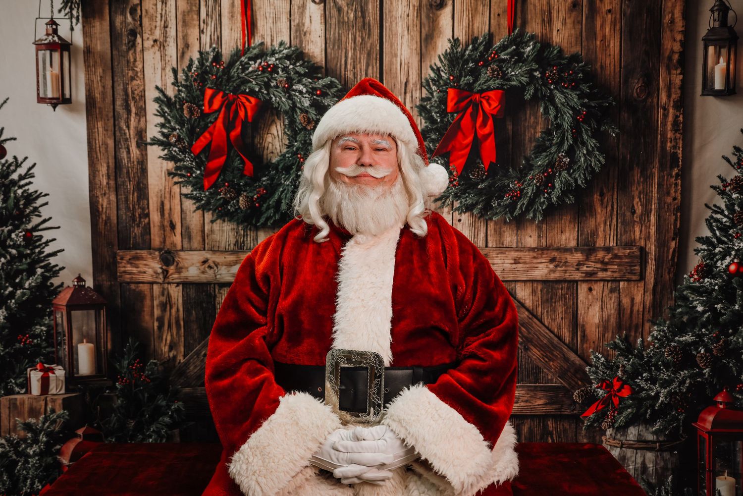 A collage of festive holiday scenes with Santa Claus figures, evergreen decorations, and red bows against rustic wood backgrounds.
