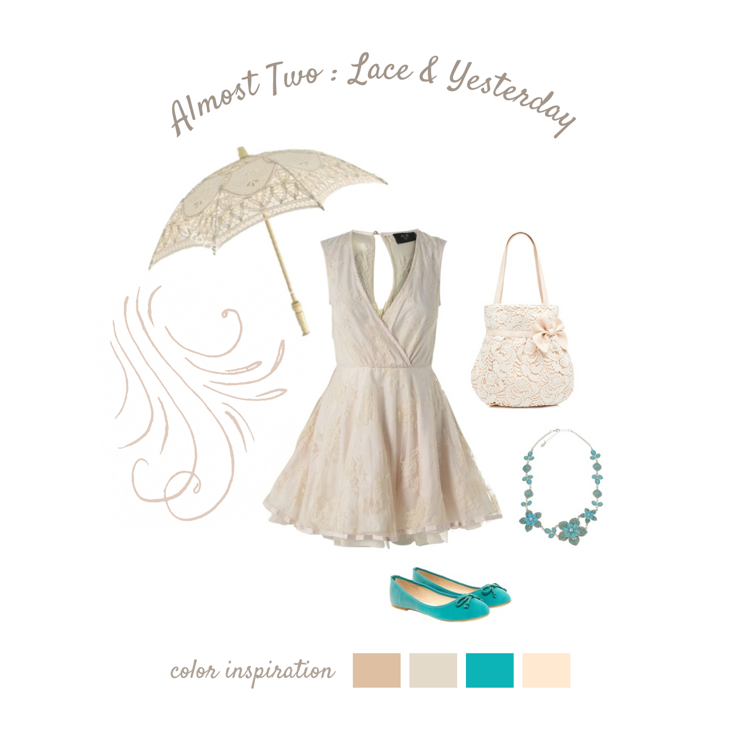 Vintage-inspired white lace dress with parasol, turquoise jewelry and mint ballet flats.