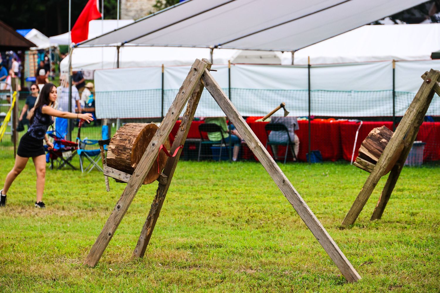 A white canopy tent with metal frame poles stands on green grass in an outdoor setting.