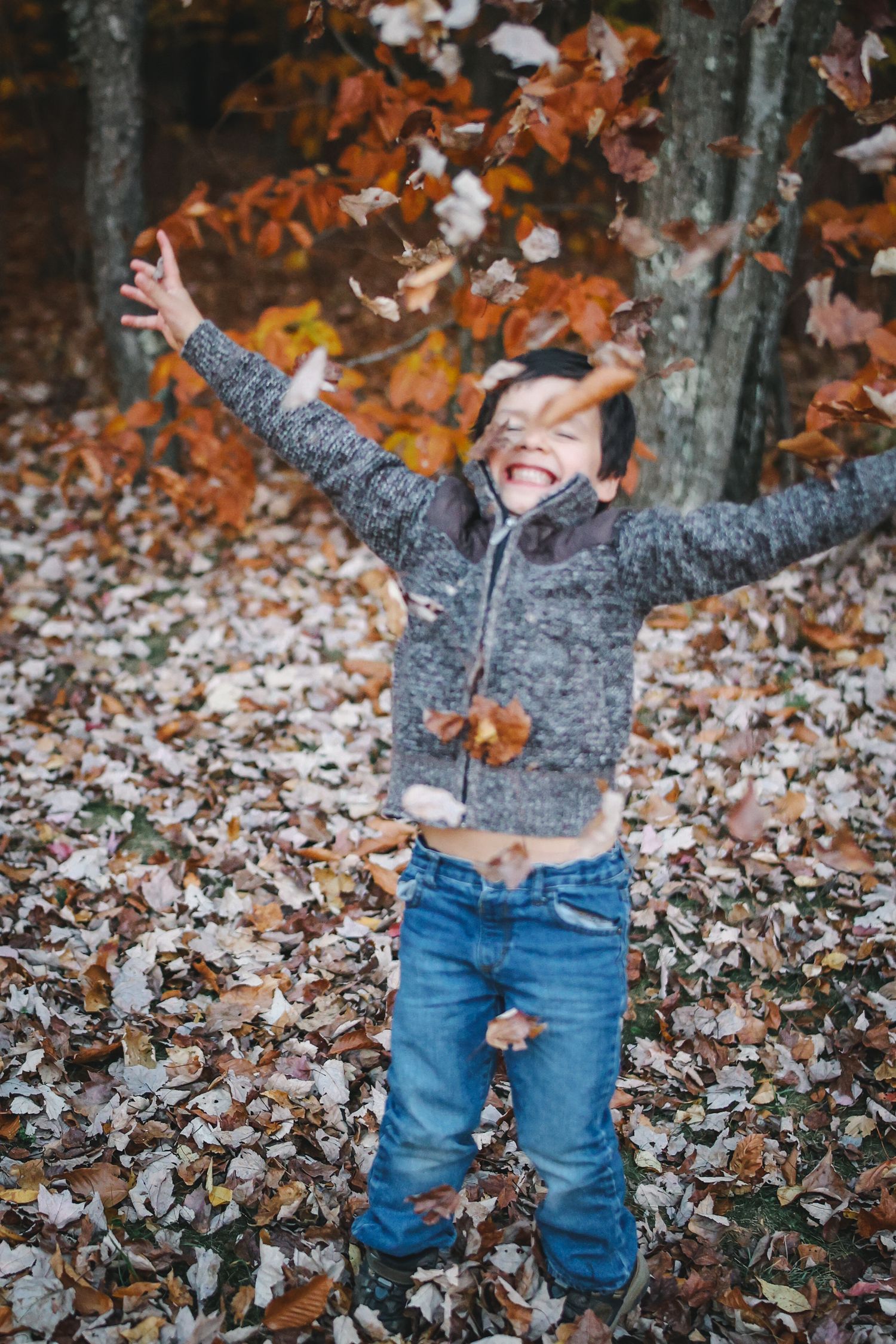 Child plays joyfully in autumn leaves wearing a gray sweater and blue jeans on a crisp fall day.