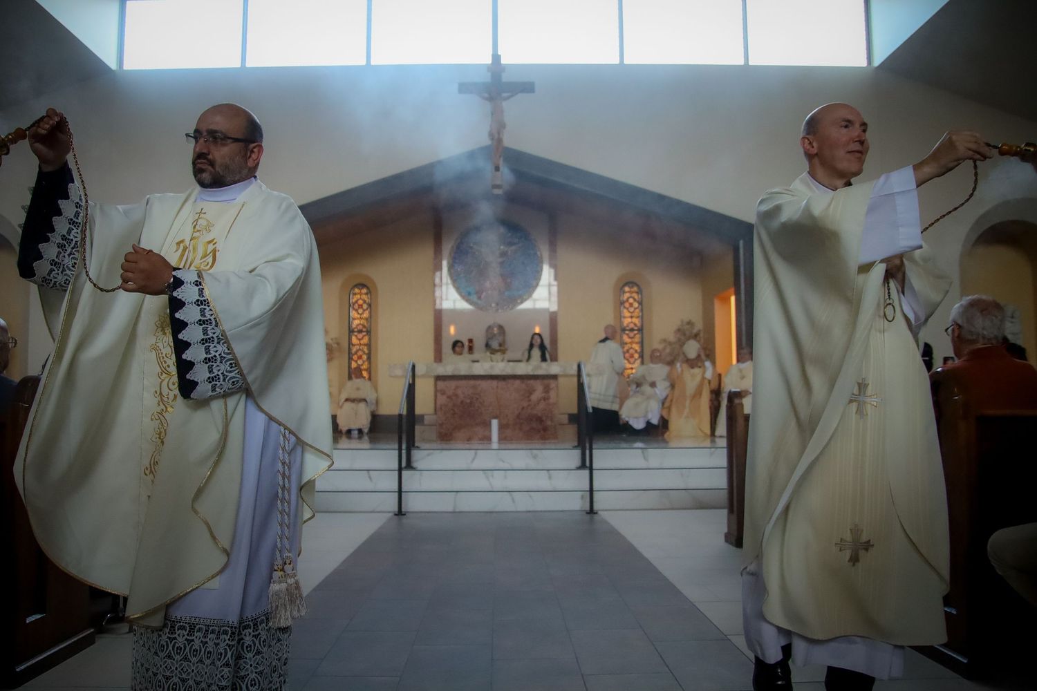 A sequence of photos showing a religious service taking place in a bright, modern church interior.