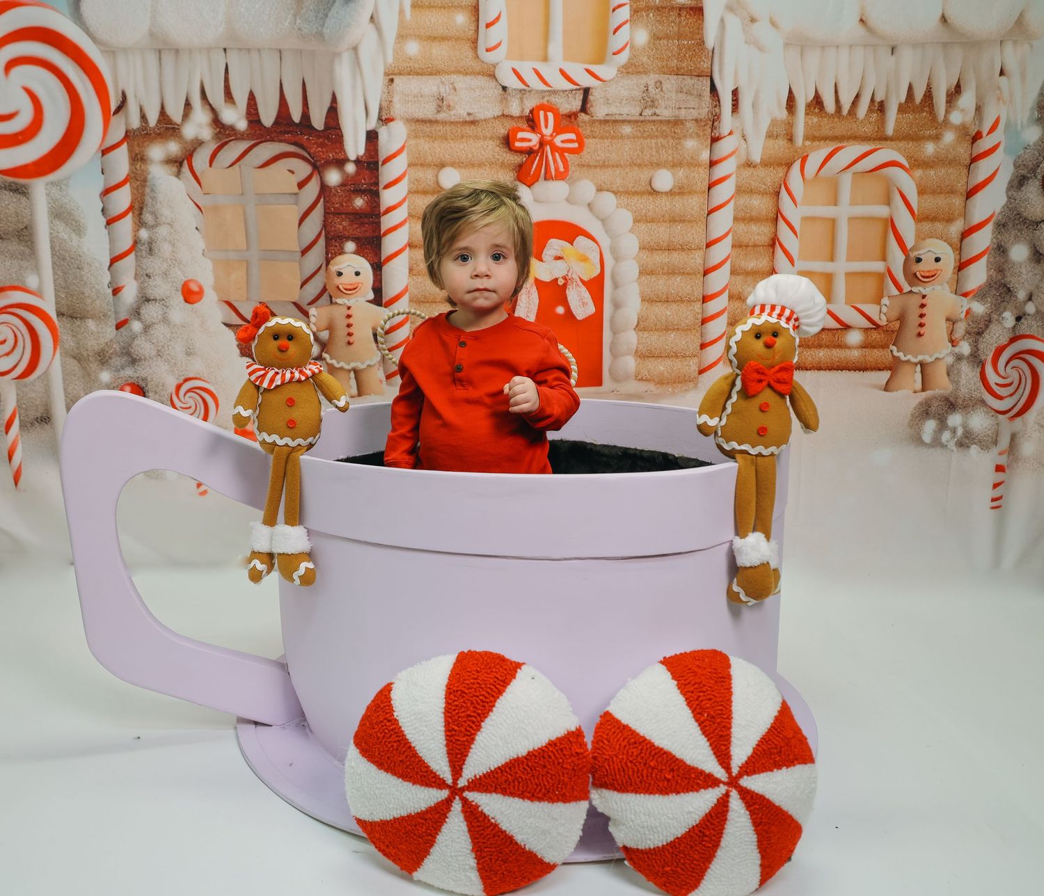 Red and white peppermint candy decorations create a festive holiday display with gingerbread cookies and Christmas ornaments.