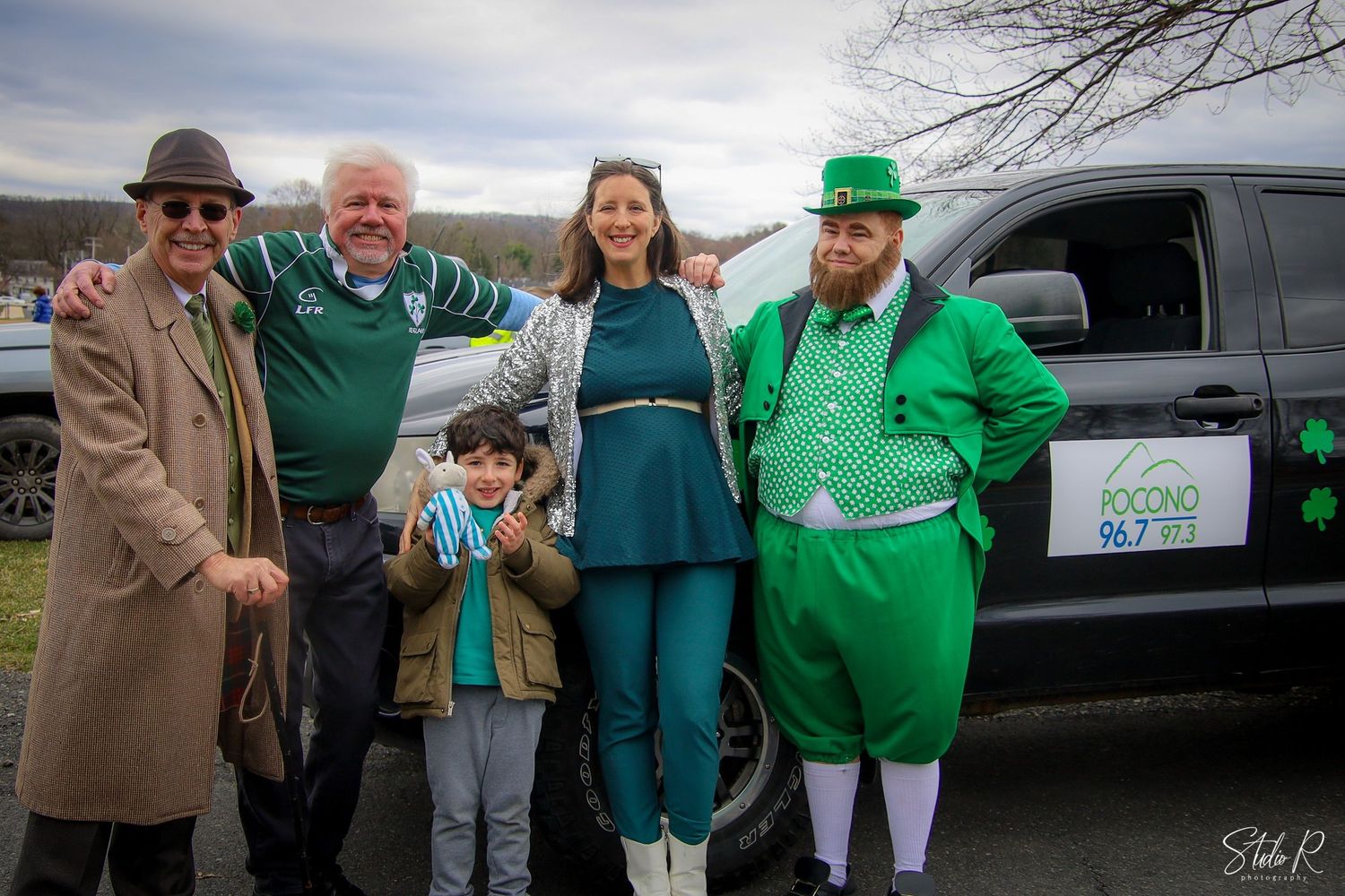 A collage of people celebrating St. Patrick's Day with green attire and festive accessories at an outdoor event.