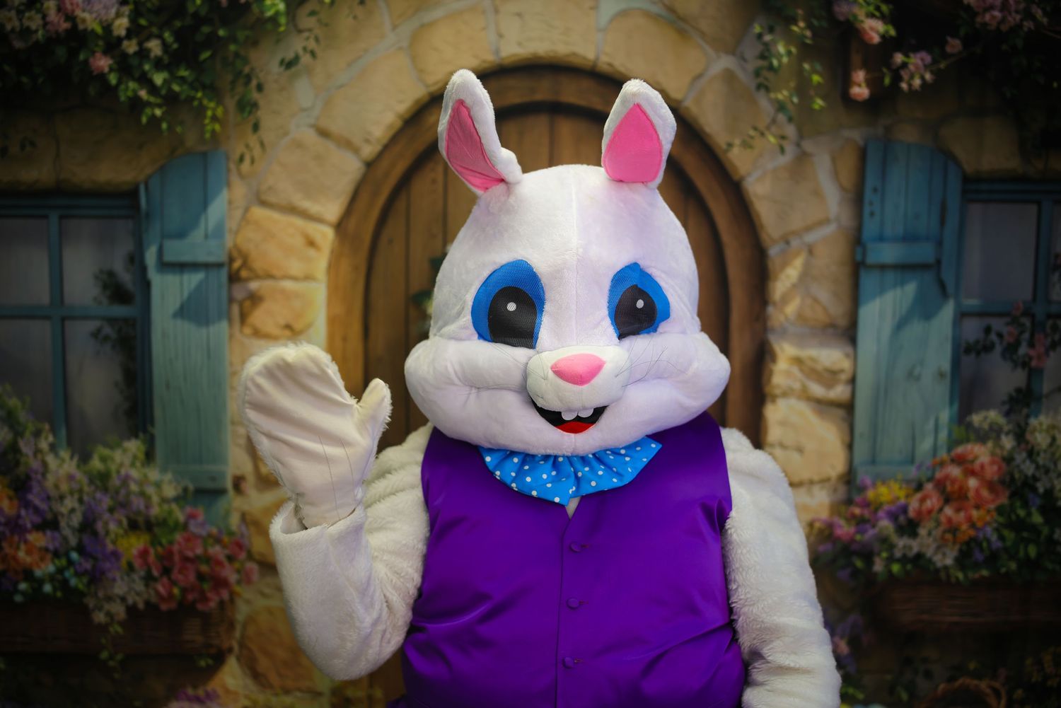 Easter Bunny mascot in purple vest waving, posed in front of a decorative cottage backdrop with flowers.