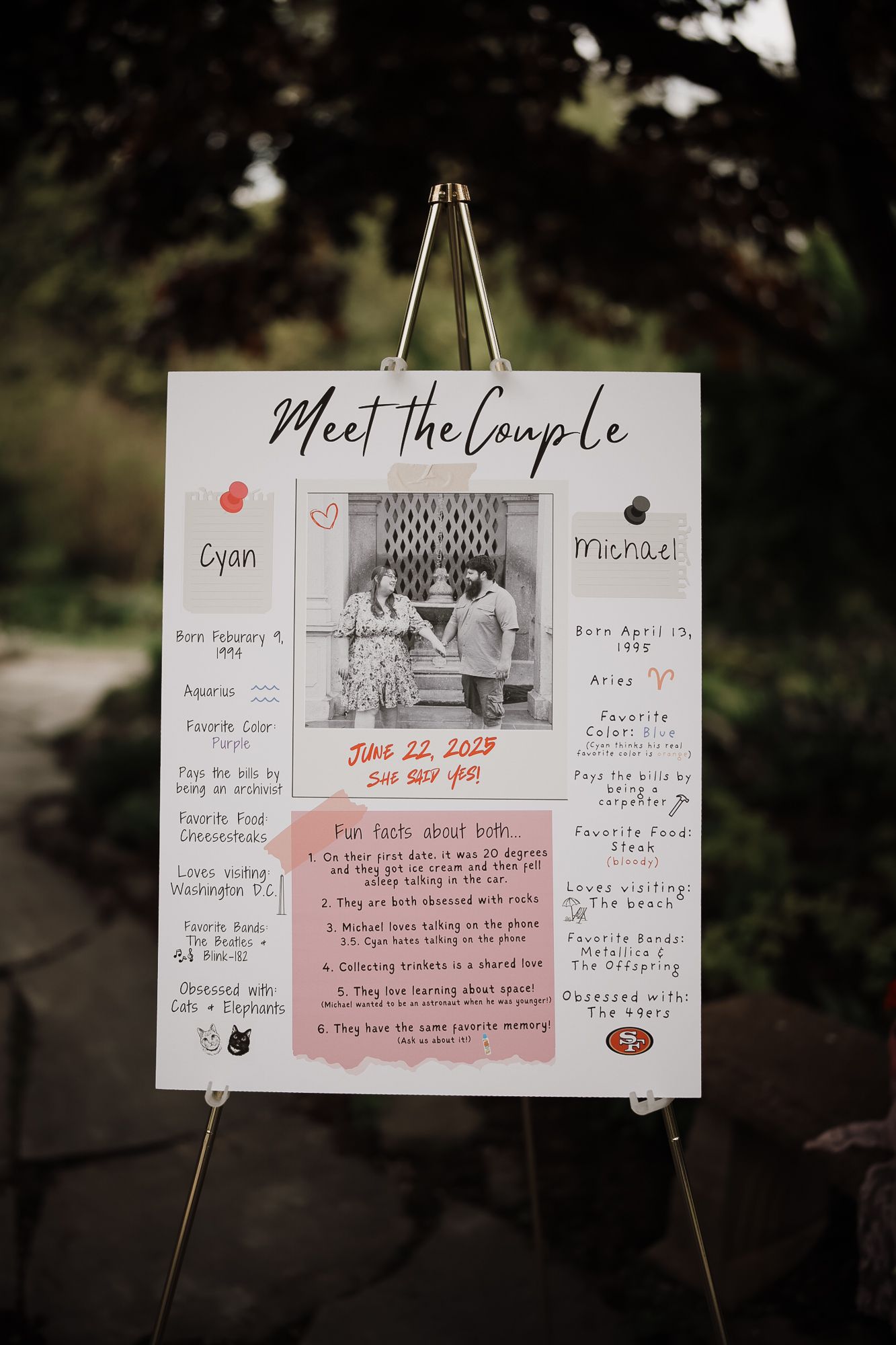 Wedding meet the couple sign on easel displaying Cyan and Michael's fun facts and photo at outdoor reception.