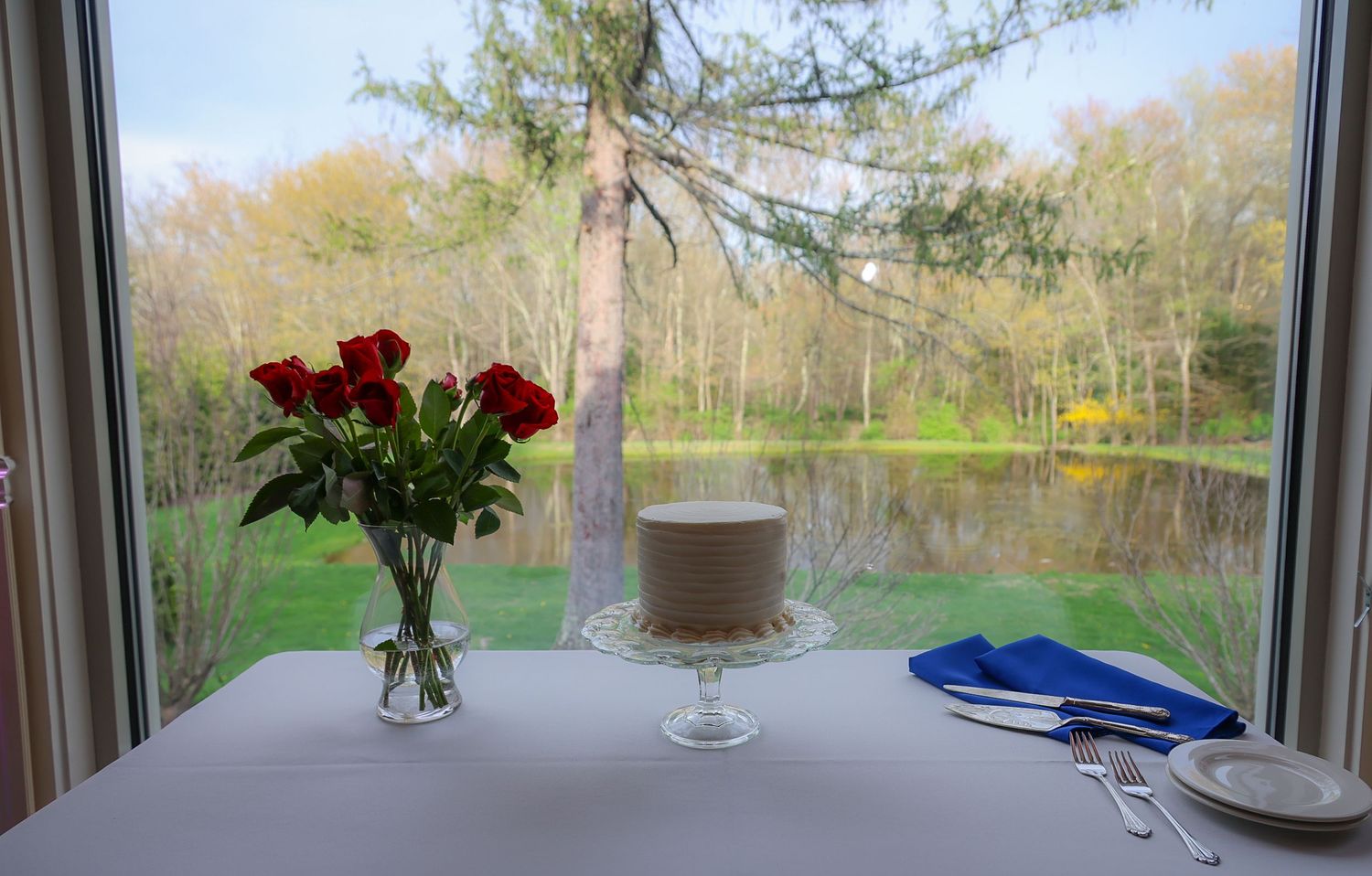 Elegant table with red roses, white cake, and blue napkin beside a scenic window overlooking a tranquil pond.