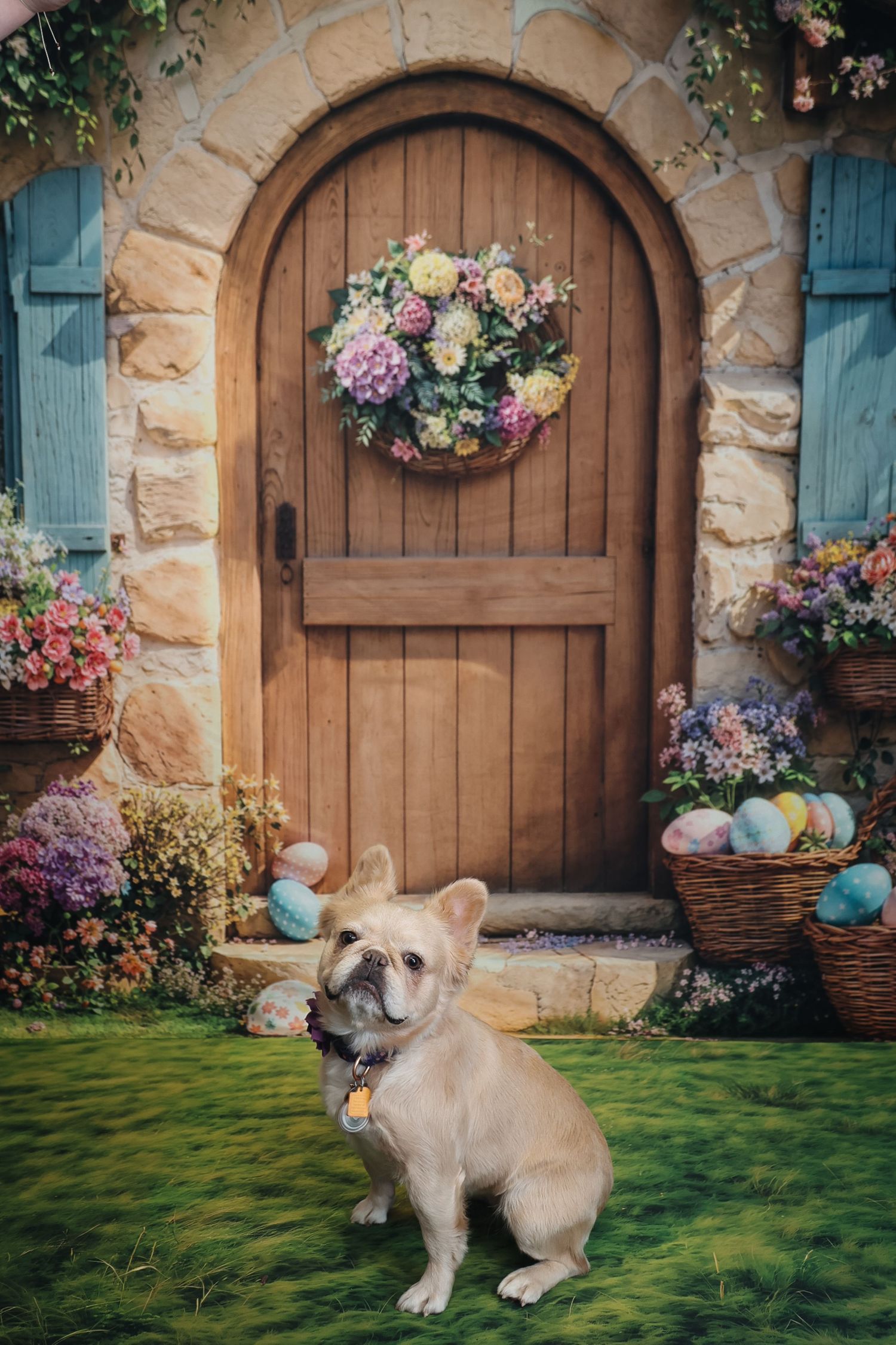 A French Bulldog sits on green grass before a rustic arched wooden door adorned with a floral wreath and Easter egg decorations.