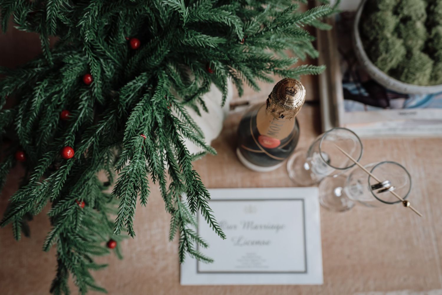 A hand places a red ornament on a Christmas tree branch decorated with pine needles and lights.