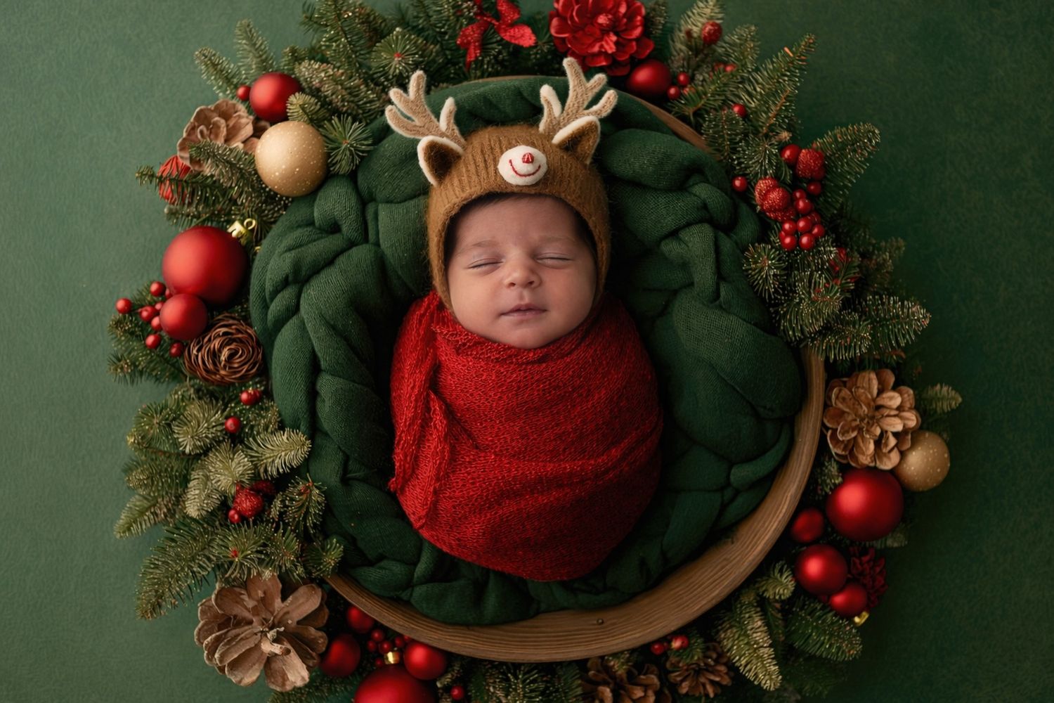 A sleeping newborn wrapped in red fabric surrounded by festive Christmas decorations and ornaments in a wooden bowl.