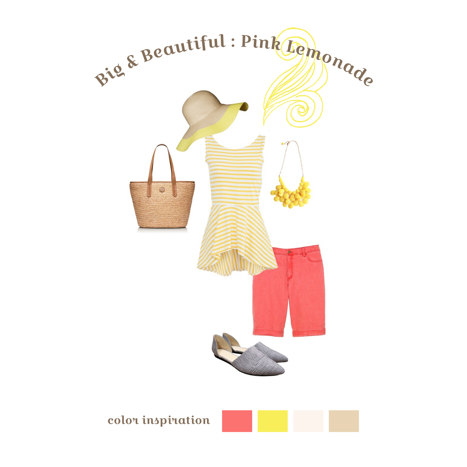 Yellow striped dress with coral shorts, straw hat, tan tote bag and silver flats.