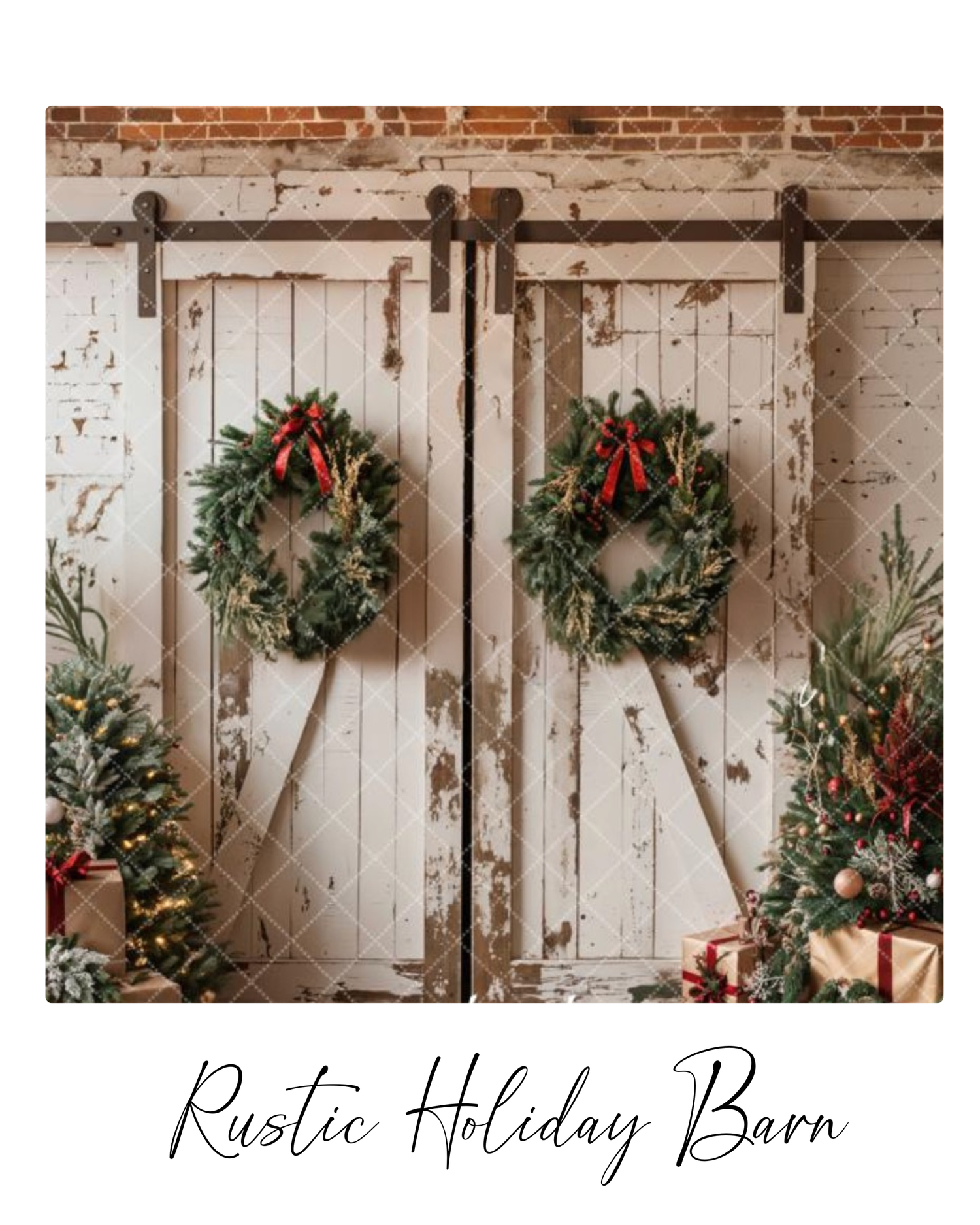 Two rustic white barn doors decorated with evergreen Christmas wreaths and red bows against a brick wall for the holidays.