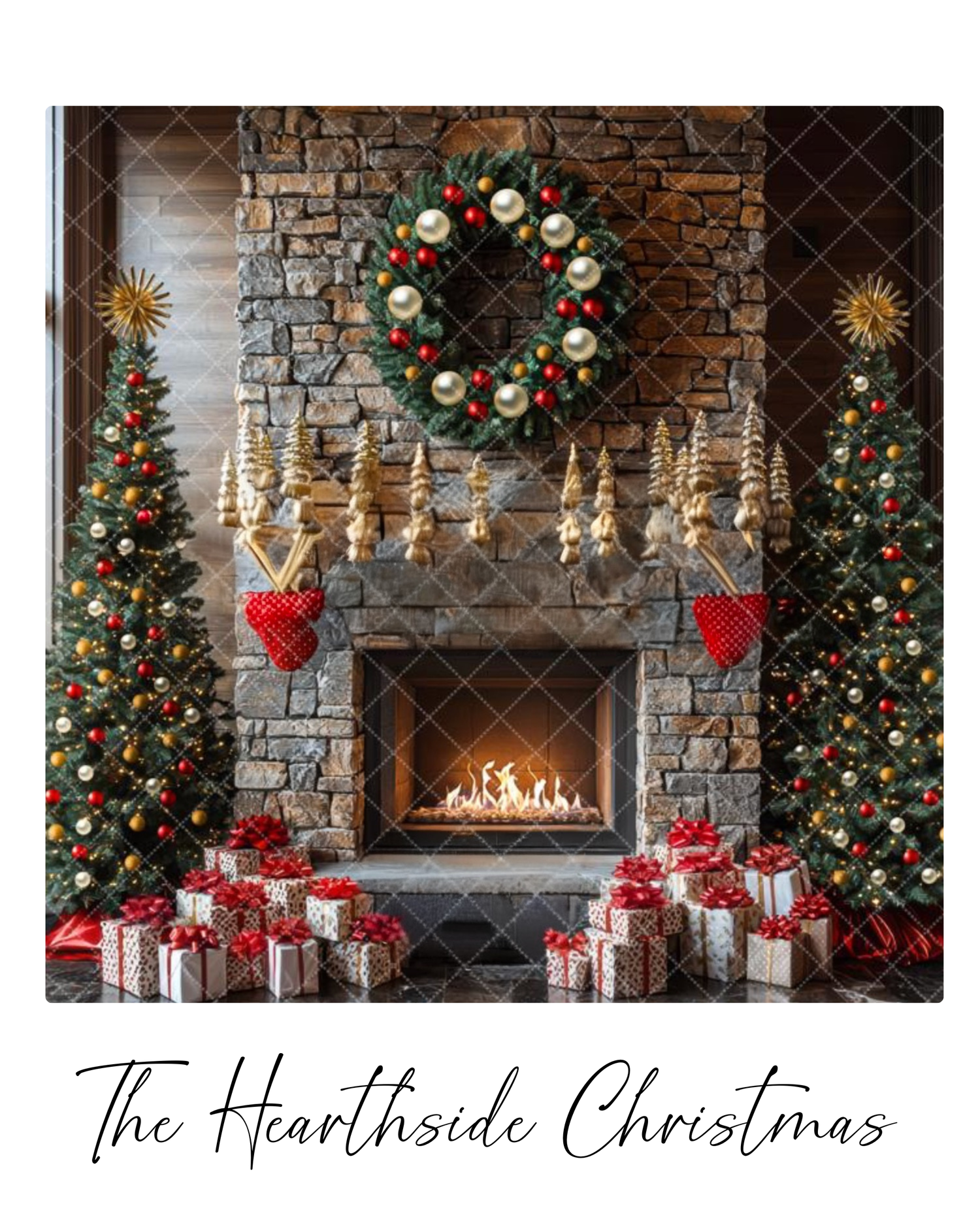 Cozy stone fireplace decorated with Christmas wreaths, trees, presents, and stockings in a festive holiday setting.