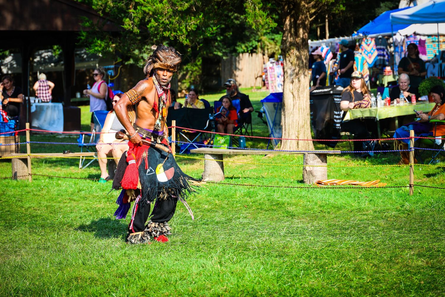 People gather on a lush green lawn during an outdoor summer event with trees in the background.