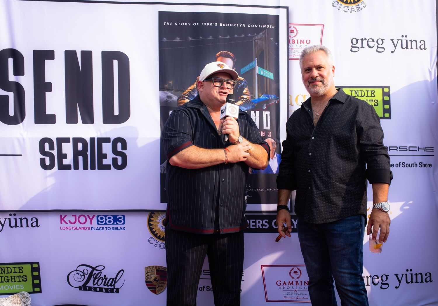 A series of promotional event photos showing people posing in front of branded step-and-repeat photo walls.