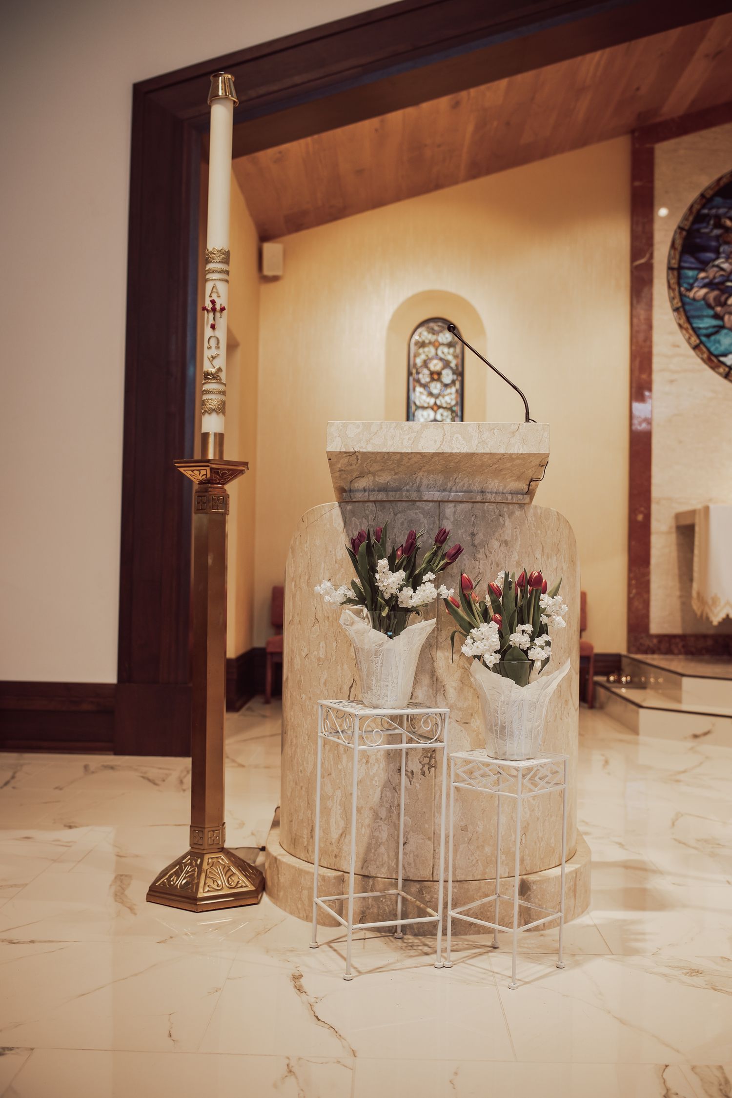 A series of photos showing a church altar decorated with white floral arrangements and candles in a beige interior space.