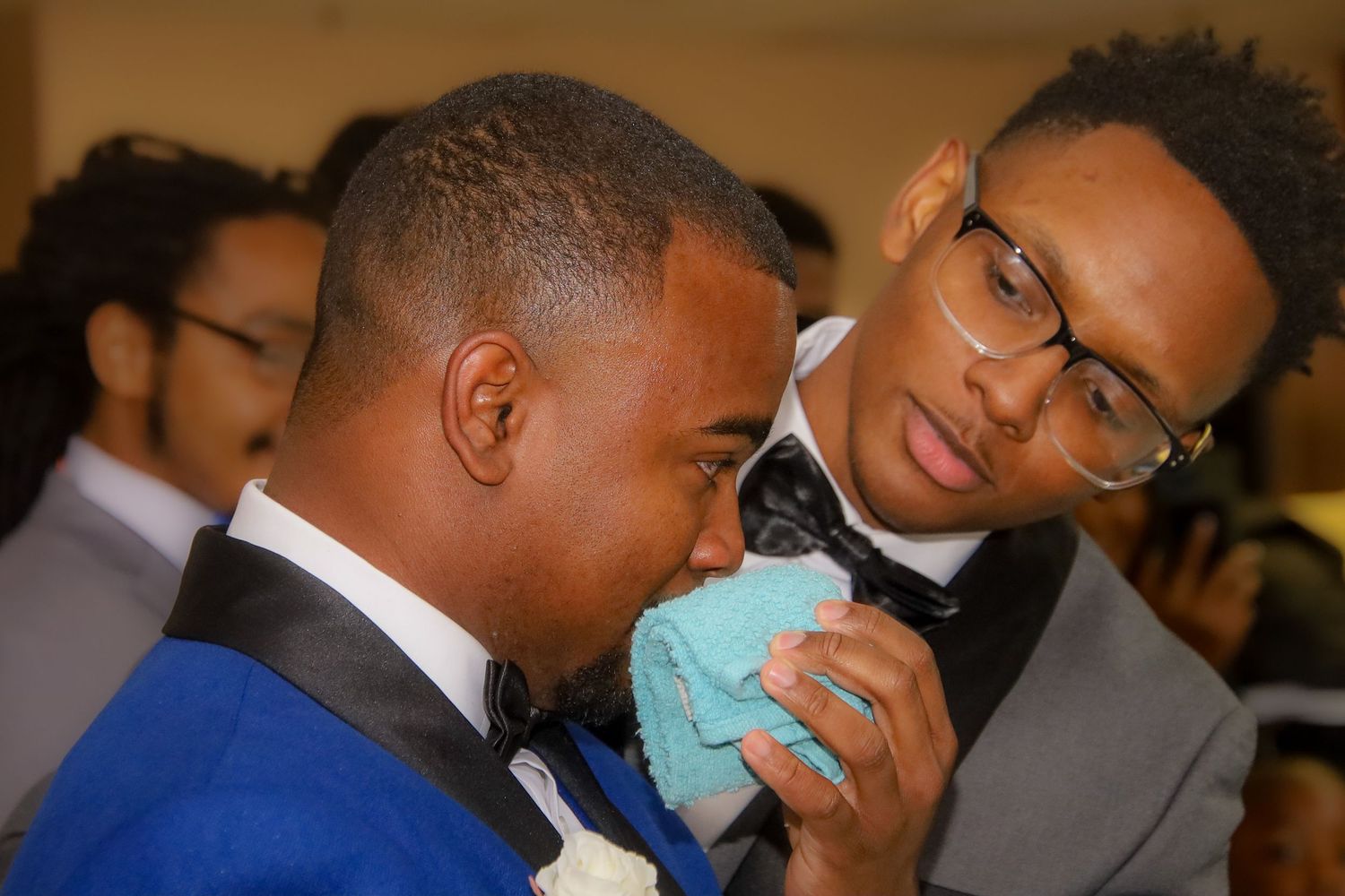 A series of candid moments at a formal event showing people in suits and formal attire interacting and smiling.