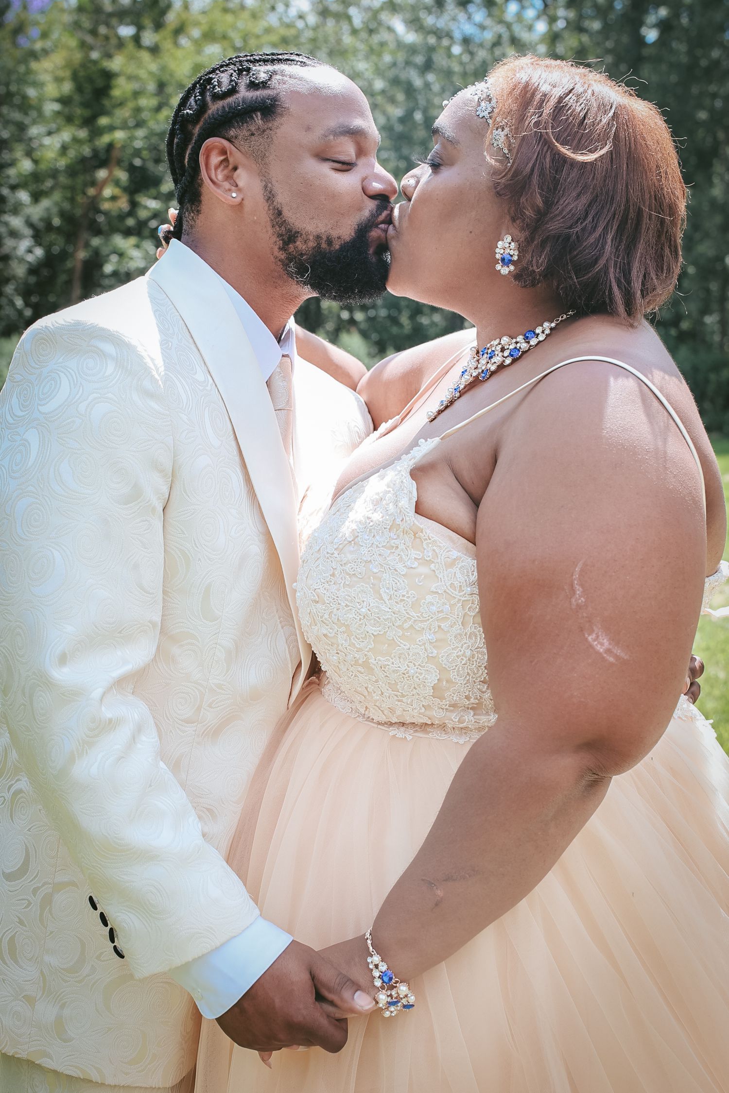 A romantic wedding photo sequence showing a couple in cream-colored attire sharing tender kisses outdoors in natural lighting.